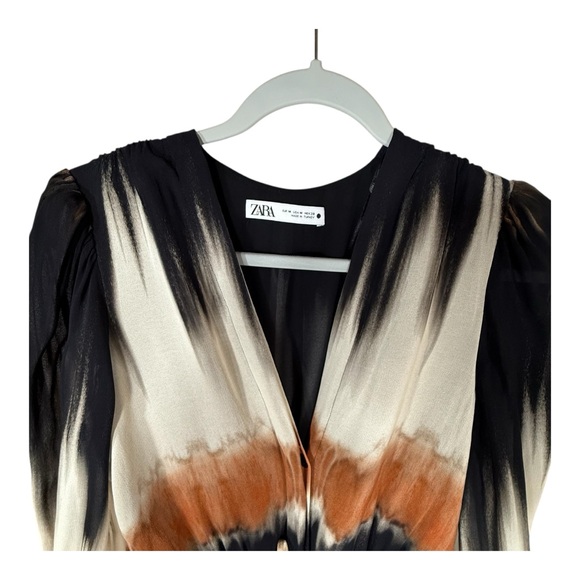 ZARA Black, Cream, Rust Tie Dye Full Front Button Maxi Dress Size M - Picture 3 of 13